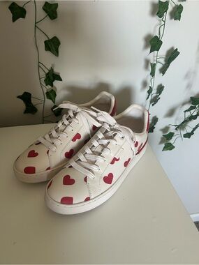 Coach Cream Sneakers with Red Heart Print